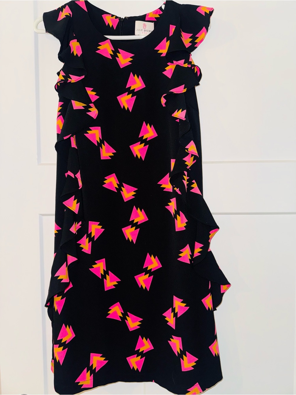 JB by Julie Brown Black Mini Dress with Pink & Yellow Geometric Print